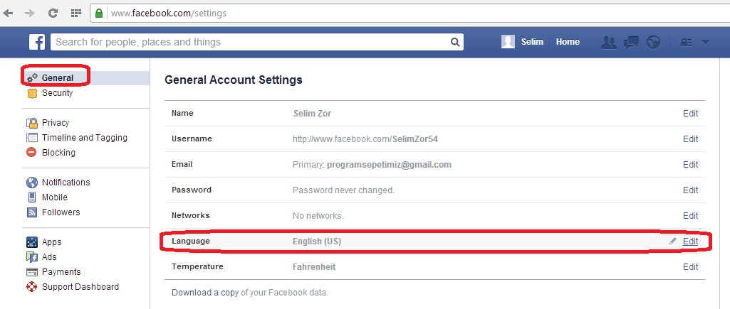How to change language in facebook account