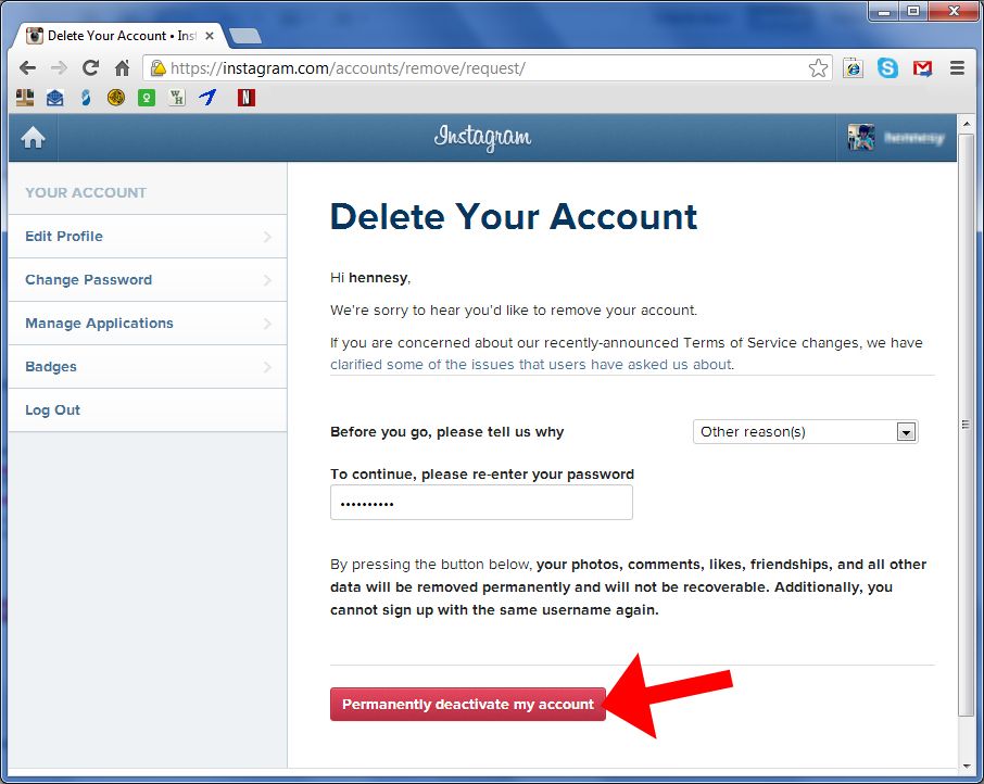 How to delete an instagram acc