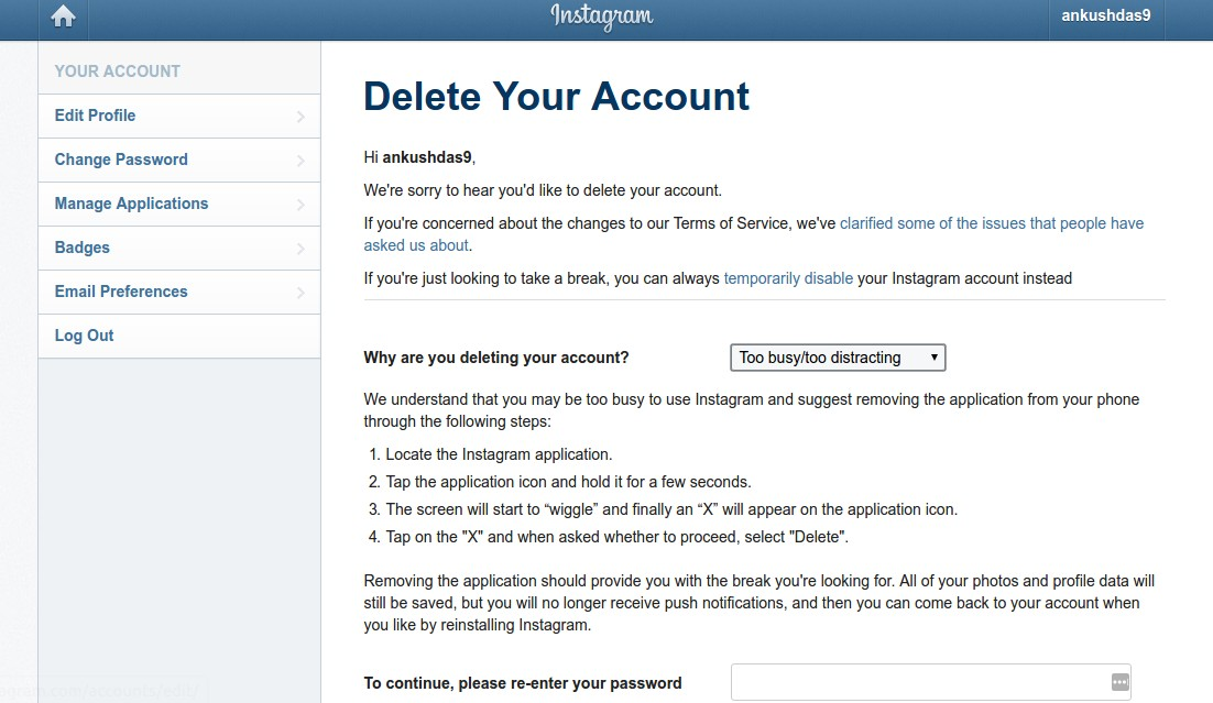 How to disable instagram account from phone